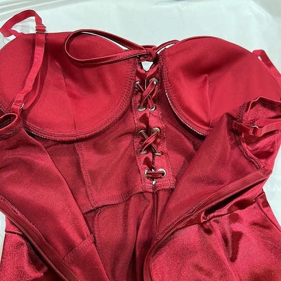 Red satin mini dress corset front ties padded bra adjustable straps ruched Sz S - Picture 14 of 14